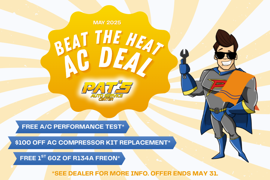 Pat's Auto May 2025 Sale Graphic with May Sale Details